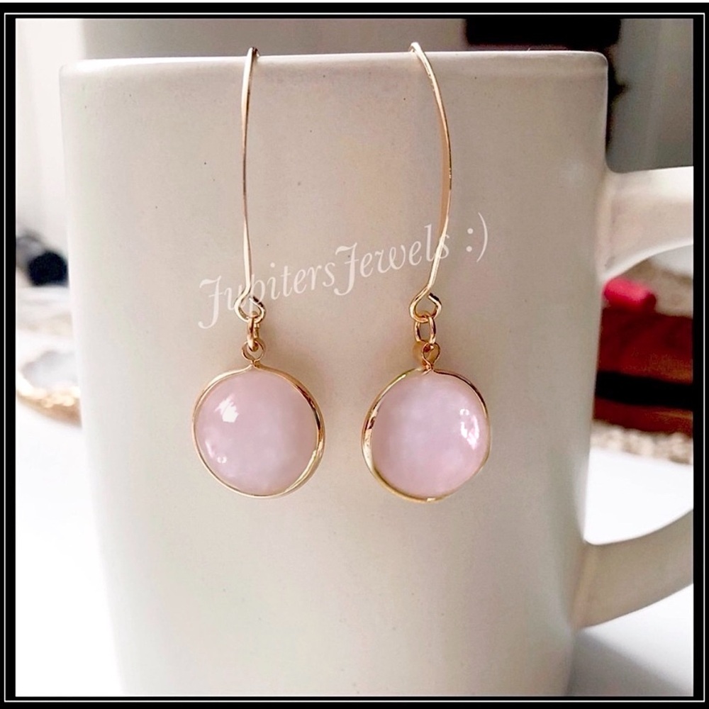 New 14k gold drop hook rose blush marbled quartz stone bohemian hippie earrings
